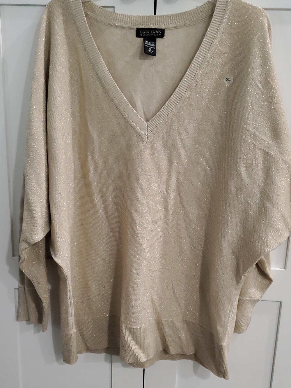 New York & Company Sparkle Beige V-Neck Sweater